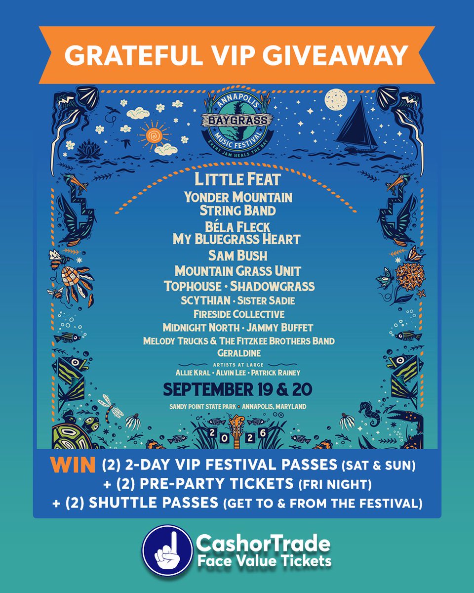 CashorTrade's tweet photo. Last chance to enter the Annapolis Baygrass Music Festival VIP Giveaway!

One lucky winner will receive:
*(2) 2-Day VIP Festival Passes to @baygrassfest 
*(2) Pre-Party Tickets
*(2) Shuttle Passes for transportation to and from the festival

https://t.co/rKnS737Nfp https://t.co/4G68RiHGF6