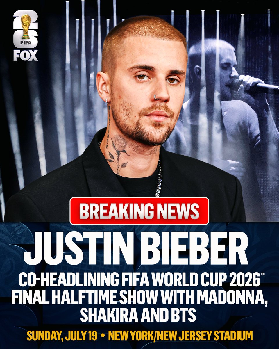 FOXSports's tweet photo. Justin Bieber will be co-headlining the FIFA World Cup 2026 Final Halftime Show with Madonna, Shakira and BTS https://t.co/4CDbEUXmTx