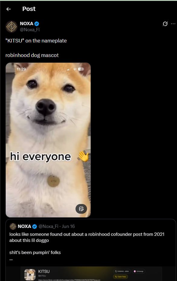 CryptoDeus2's tweet photo. $cashcat 130 millions
$KITSU went to $2M now big dip current mcap 670k
thesis: the dog is real, its a shiba, its the robinhood office dog adopted by @vladtenev , and it's called Kitsu
Verified by @Noxa_Fi the amm exchange running pools on #RobinHoodChain https://t.co/W0J0M7qxVL
https://t.co/9RNyHXqBiG
https://t.co/SPyhhGPEKZ
$KITSU is the name of vlad’s dog.
0x8d4dfaaa4198b6486e0293fec914c2b6a821d4dc
https://t.co/fgp8QMeWMo
