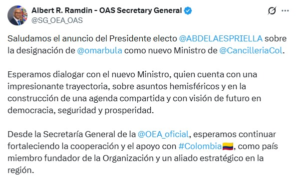 Horadelaverdad's tweet photo. El secretario general de la OEA, Albert Ramdin, felicitó a Omar Bula @omarbula  por su designación como nuevo canciller de Colombia y resaltó su trayectoria y visión para fortalecer la democracia, la seguridad y la prosperidad en la región. https://t.co/XPi26OAGj4