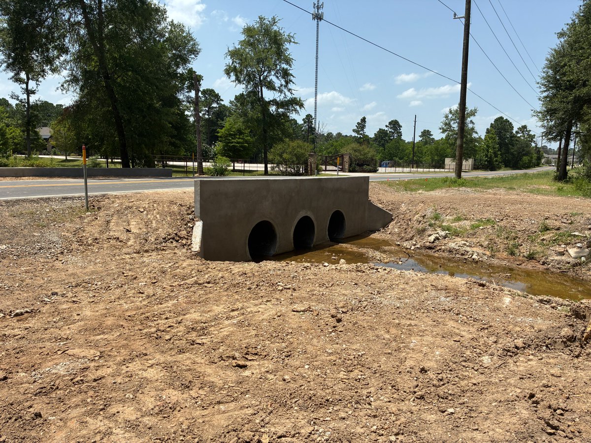 commprecinct2's tweet photo. Recent headwall additions were completed off of Moore Rd and Hardin Store Rd.  These stable structural supports protect the road from collapsing into the pipe ensuring that the water flow does not erode the pipe or the surrounding area. https://t.co/Wax3wqcTMk