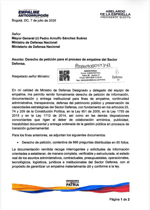 Horadelaverdad's tweet photo. El ministro de Defensa designado, general (r) Jorge Eduardo Mora López, radicó un derecho de petición con 666 preguntas para avanzar en el empalme del Sector Defensa.

La solicitud busca obtener información administrativa, presupuestal, contractual, operacional, logística, jurídica e institucional de la cartera.