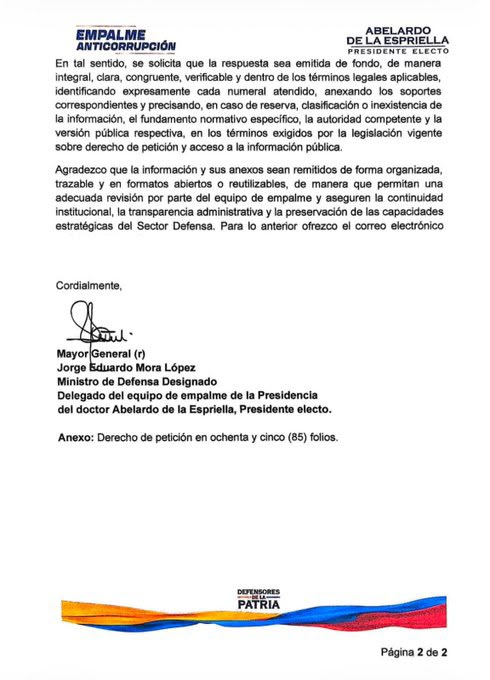 Horadelaverdad's tweet photo. El ministro de Defensa designado, general (r) Jorge Eduardo Mora López, radicó un derecho de petición con 666 preguntas para avanzar en el empalme del Sector Defensa.

La solicitud busca obtener información administrativa, presupuestal, contractual, operacional, logística, jurídica e institucional de la cartera.