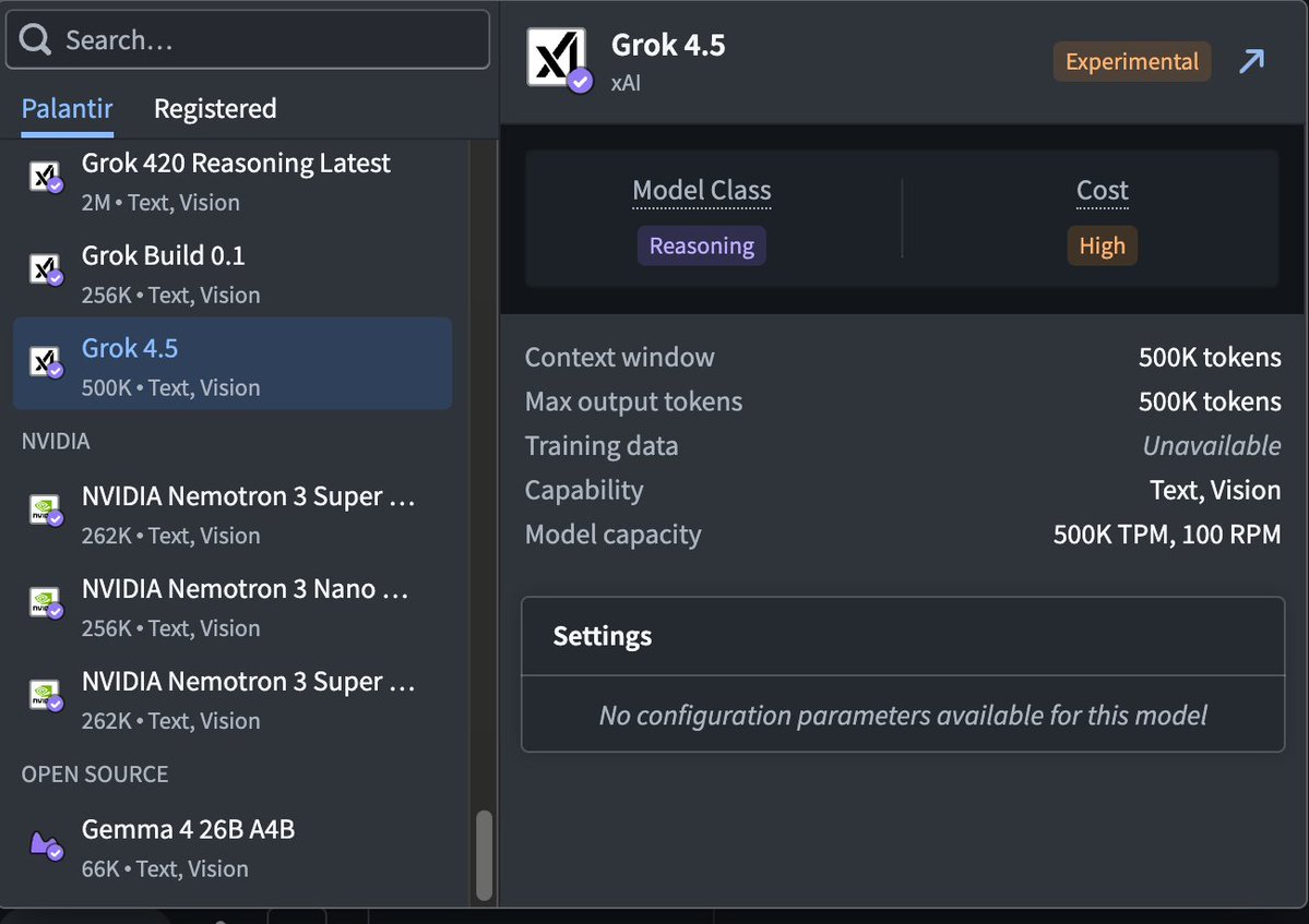 chadwahl's tweet photo. Grok 4.5 rolling out to the Palantir fleet 🇺🇸 https://t.co/hgEXZeyi08