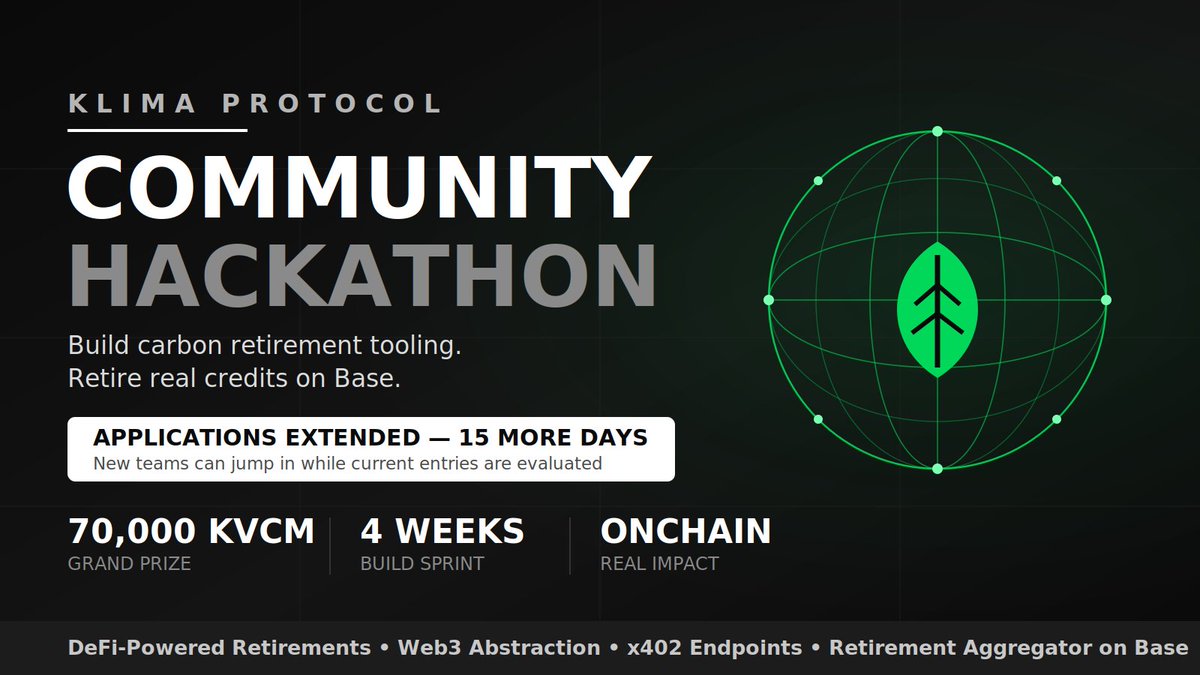 KlimaDAO's tweet photo. Applications for the Klima Community Hackathon closed today — and the competition officially kicks off 🚀

But we're extending the deadline another 15 days. While we evaluate current submissions, new builders are welcome to jump in.

Here's why you should 🧵👇 https://t.co/DuoMr5jxNp