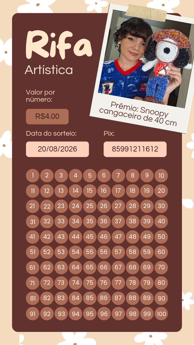 amigeekcrochet's tweet photo. Oiii gente!!!
Estou rifando meu snoopy cangaceiro por apenas R$4 cada pontinho.

 Compre 1 pontinho ou mais e me ajude a comprar meus materiais para melhorar mais ainda meus trabalhos artísticos 🥺❤️✨️ https://t.co/O73m1anfSs