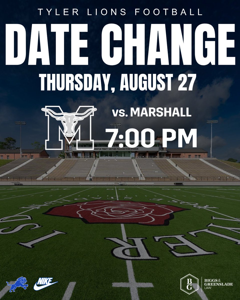 TylerISD_Ath's tweet photo. 📰🏈 Schedule Update: Tyler High will now face Marshall in their football season opener on Thursday, August 27 at 7:00 PM.

To purchase season tickets, please visit https://t.co/YoYbMqB8Zn or call the Athletic Office at 903-262-3080! https://t.co/bMwGp9HkG5