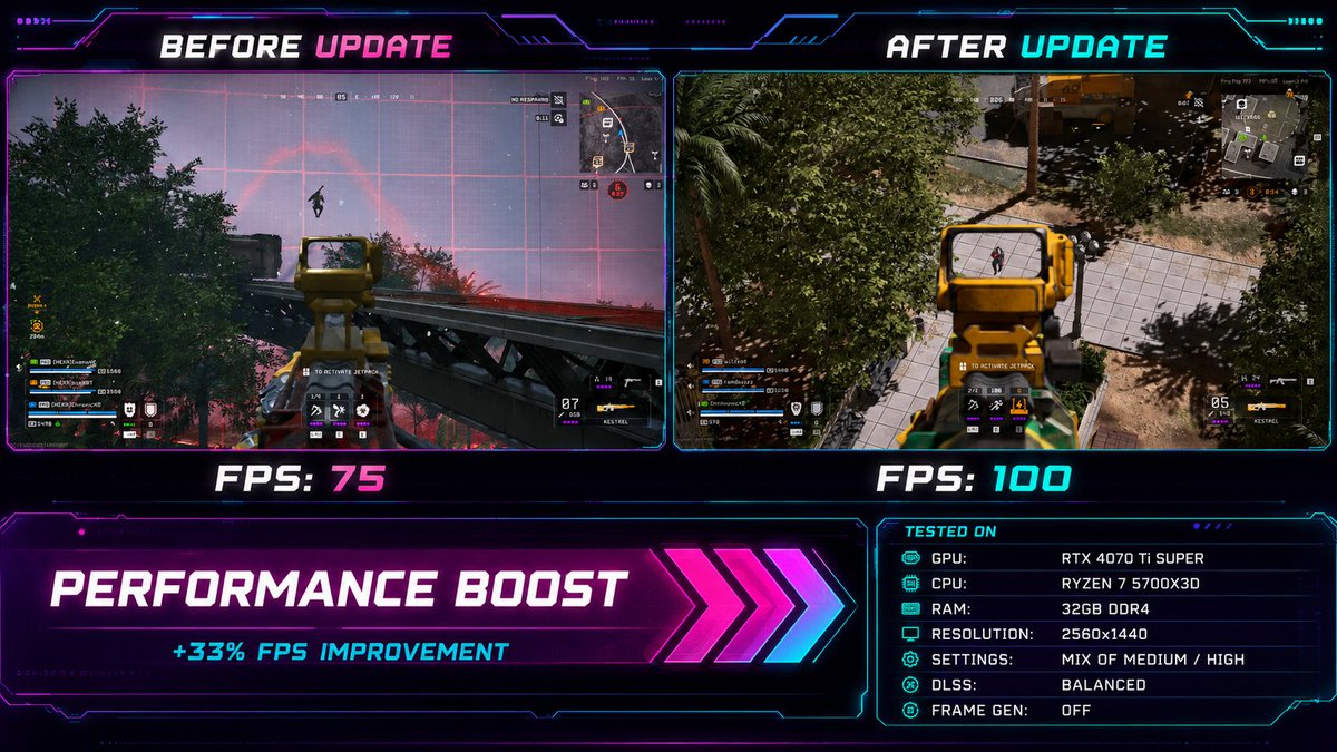 Chronicleze's tweet photo. @VladK133 @playoffthegrid Around 30% performance boost on a 40 series card! Good Job team 👏👏👏 @GunzillaGames https://t.co/cZtIzOhTJA