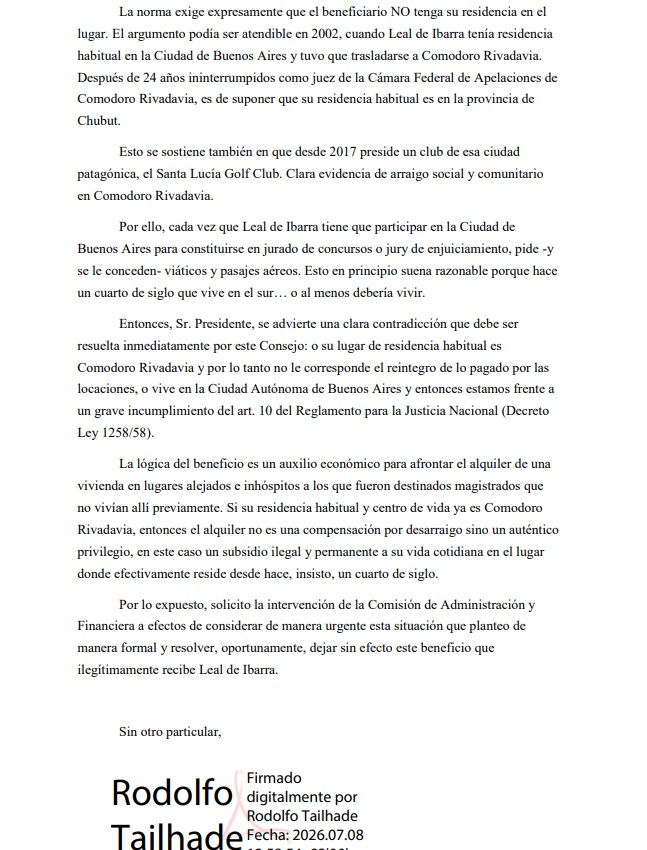 rodotailhade's tweet photo. Hoy presenté ante el Consejo de la Magistratura un pedido para que se trate con urgencia la situación del juez Javier “nunca le escamoteé un centavo al fisco” Leal de Ibarra, a quien los argentinos le venimos pagando el alquiler de su vivienda en Comodoro Rivadavia, a pesar de que vive en esa ciudad hace un cuarto de siglo y cobra 25 millones de pesos sin pagar Ganancias. 
El Consejo tiene que terminar de inmediato con esta situación escandalosa, absolutamente ilegal y que es una falta de respeto a todos los argentinos que alquilan, la pasan muy mal y tienen que destinar el 40% de su sueldo, o más, a esos fines. 
No va a ser el último planteo que formularé en el Consejo: falta que este turro aclare si su hija cobra una beca para estudiar en EEUU de alguna empresa o fundación que sabe tener causas ante el tribunal que preside, el temita del chofer y la Toyota Hilux SRX que le pagamos entre todos, y alguna cosita más que estoy investigando.