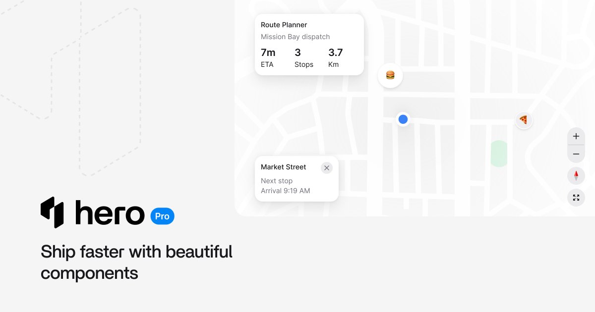 hero_ui's tweet photo. HeroUI Pro 1.0.0-beta.7 is live 🚀

✓ New Map component → MapLibre-based: markers, popups, routes, arcs, clusters
✓ RTL support → logical CSS properties across all Pro components
✓ Navbar → client-side routing via React Aria RouterProvider
✓ Rich Text Editor → link popover polish
✓ HeroUI 3.2.2 + React Aria 1.19.0

Release notes 👇
