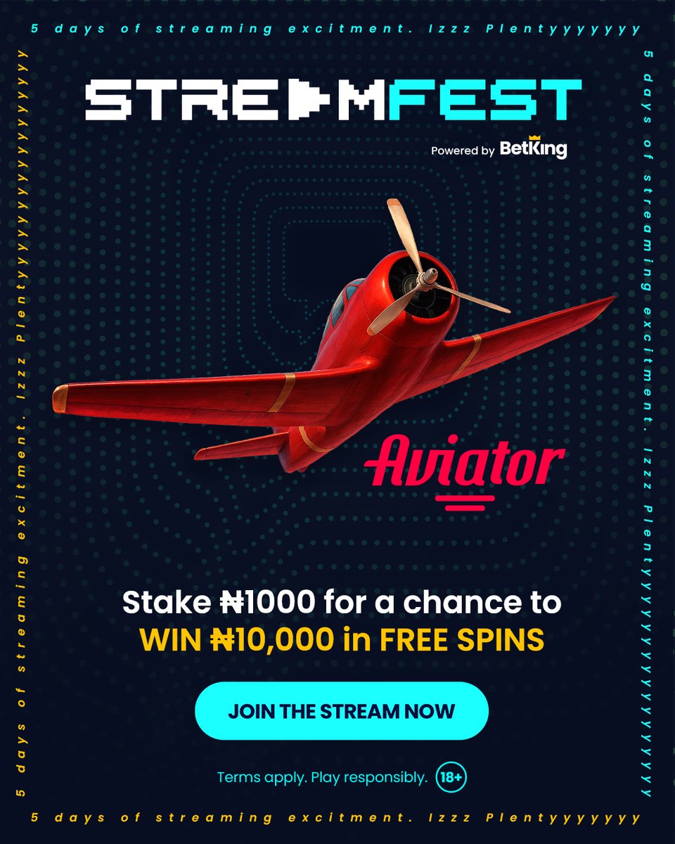 BetKingNG's tweet photo. Play Aviator now now with ₦1000 or more, make you join our Stream Fest gang wey dey win ₦10,000 Free Spins.

Play now on https://t.co/Ra6C08lsUW

#BetKingStreamFest https://t.co/Oe3dCRsAPw