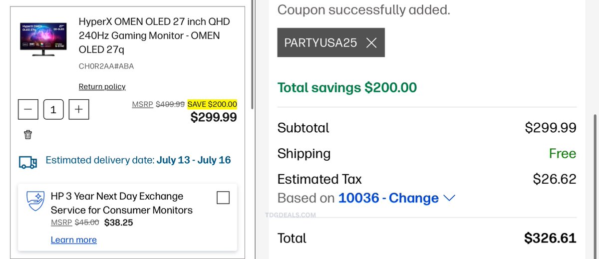 thedealsguy_'s tweet photo. HP OLED MONITOR DEAL 🎮

HyperX OMEN OLED 27” QHD 240Hz gaming monitor is down to $299.99 at HP.

Use code: PARTYUSA25

Normally $499.99, so that’s $200 off.

27” OLED, QHD resolution, 240Hz refresh rate, and free shipping.

🔗 https://t.co/HtKb6oUcBJ

#ad https://t.co/yjR5I9sy7Y