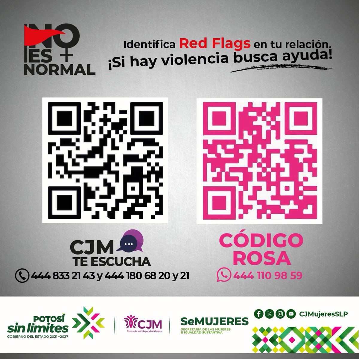 INDEPISLP's tweet photo. 🚩No es normal, es violencia, identifica las red flags en tu relación. 🚩
Acude al Centro de Justicia para las Mujeres de San Luis Potosí y recibe atención integral y gratuita ante cualquier signo de violencia.
#PotosíSinLímites #ElCambioQueSeVive
#RicardoGallardo @RGC_Mx https://t.co/5sBlz2ey6E