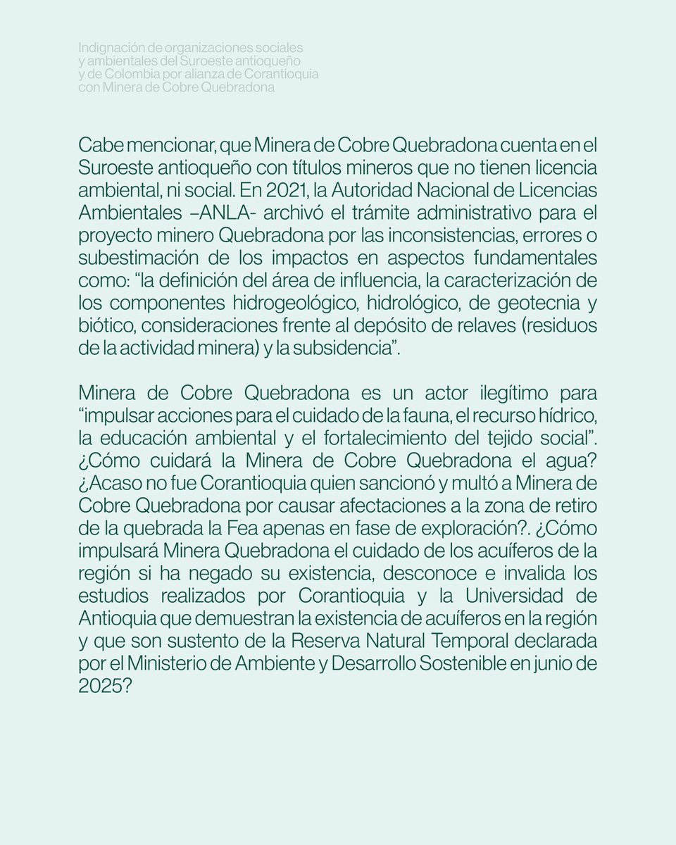 cjlibertad's tweet photo. #Comunicado | 🚨 Rechazamos la alianza entre Corantioquia y la empresa Minera de Cobre Quebradona. Junto a organizaciones sociales, ambientales, campesinas y de DDHH, expresamos nuestra preocupación por un acuerdo que pone en entredicho la independencia de la autoridad ambiental. https://t.co/OJfTCX9vdW