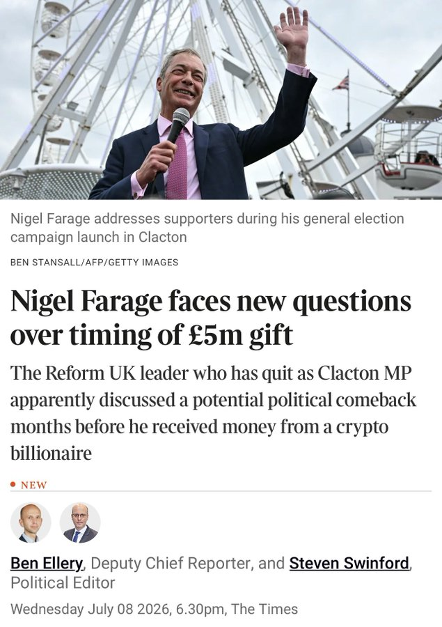 dave43law's tweet photo. And suddenly the reason for Farage running and avoiding the investigation become clearer.

The argument has been that he was not in politics - it was a personal gift.

Strange no-one mentioned he discussed a political comeback months before he received it https://t.co/jwz1J2rrHW