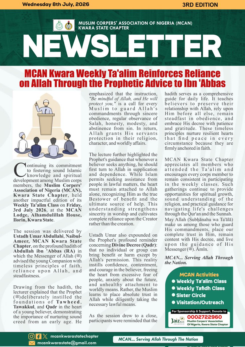 Mcankwarastate's tweet photo. MCAN KWARA WEEKLY NEWSLETTER | 3RD EDITION
Strengthening Reliance on Allah, One Lesson at a Time.
📖 Read. Reflect. Practise. Share.
© MCAN KWARA STATE PUBLICITY
#MCANKwara
#MCAN https://t.co/zjc7jIHeuM