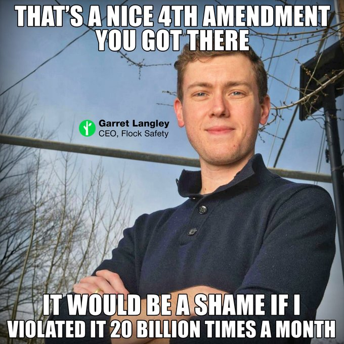 syntec1000's tweet photo. @TeamTrump @marcorubio What about our right to live without warrantless tracking and data collection by @Flock_Safety ?  Its a clear 4th amend violation.  When did the people get to vote on losing that right? https://t.co/Ra3YAoXR6M