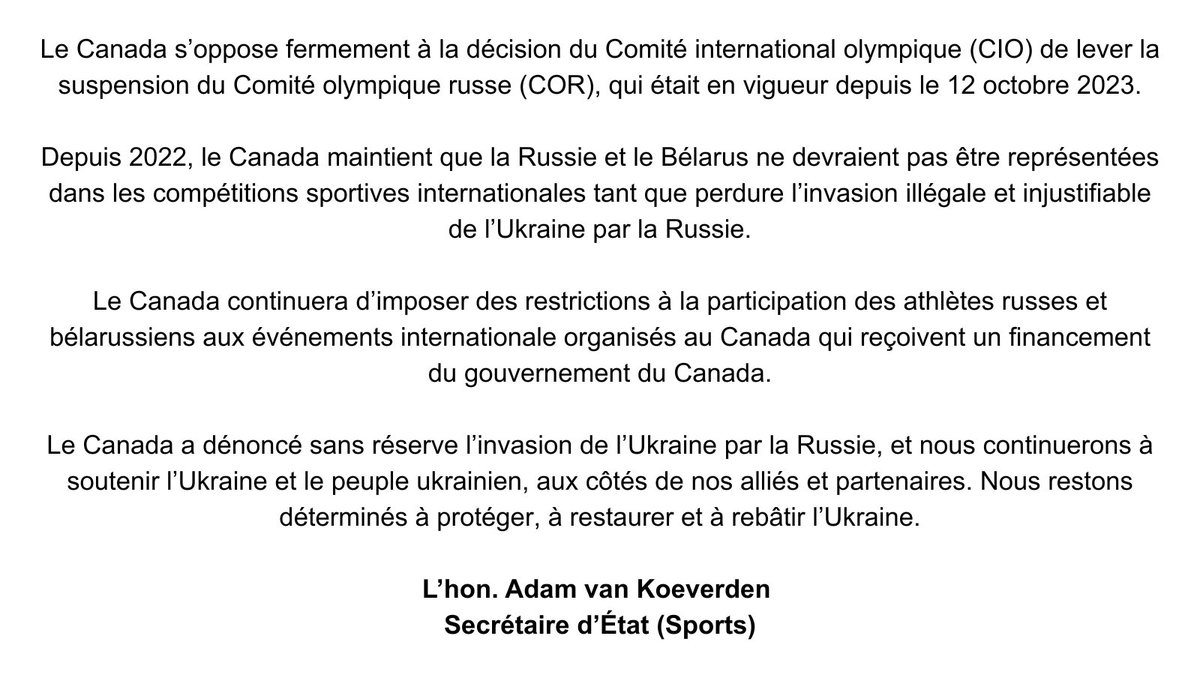 vankayak's tweet photo. Je suis consterné par la décision du CIO de lever provisoirement sa sanction contre le Comité olympique russe.  Veuillez consulter ma déclaration au nom du gouvernement du Canada ci-dessous: https://t.co/DocOFiEK2u