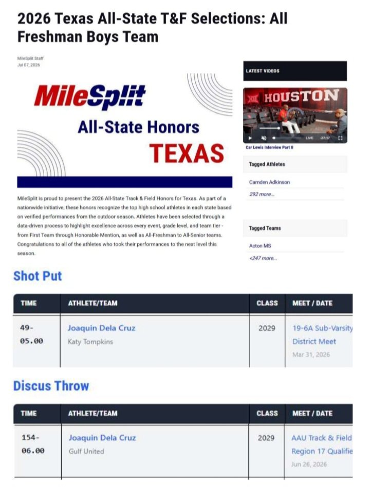 joaquindcruz1's tweet photo. Honored to be recognized as an All-State by Milesplit alongside the best freshmen in Texas. Track season might be over, but the grind isn't. #Discus #Shotput 

@Tompkins_TF 
@katy_track
@milesplit https://t.co/TzlgGkbcSj