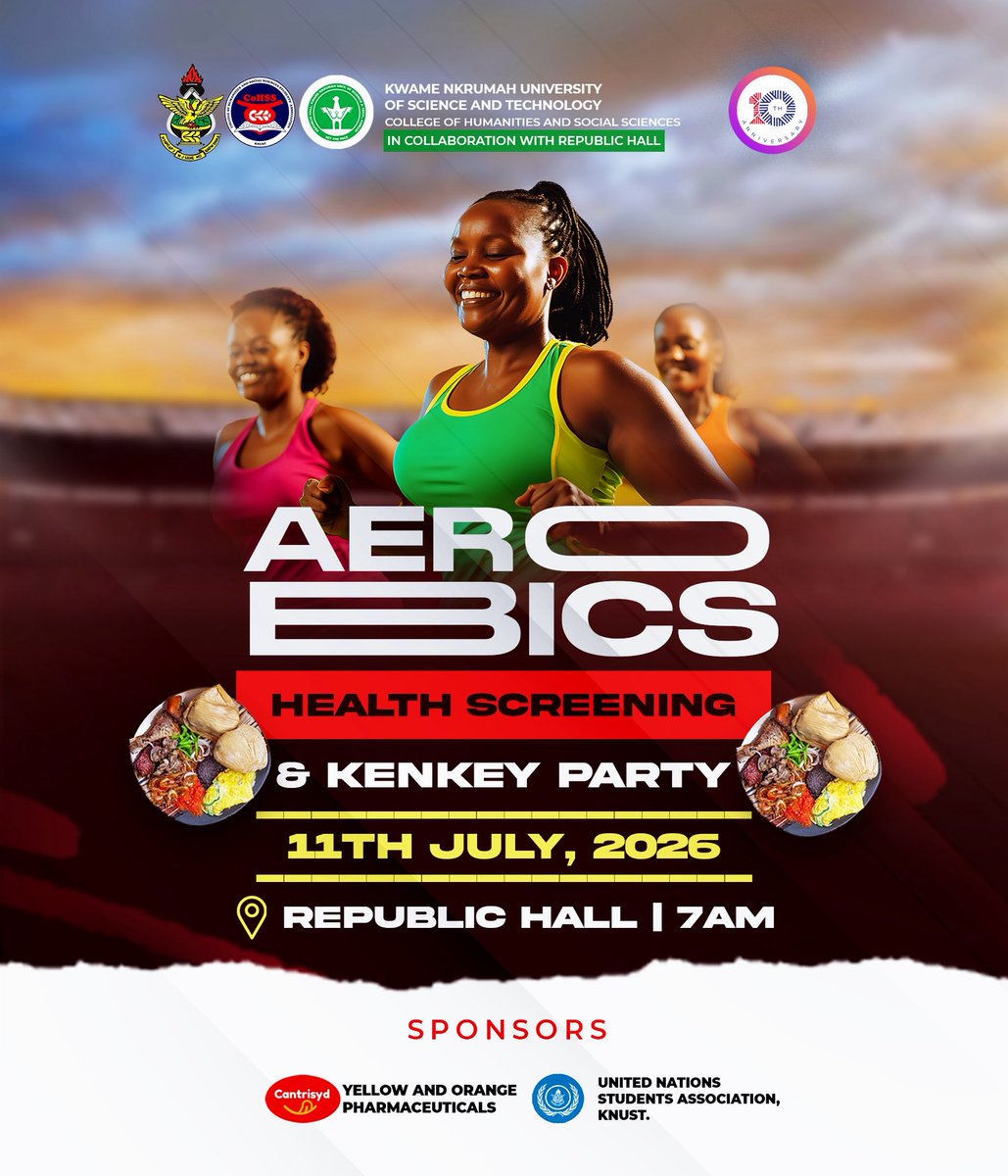 CoHSSknust_'s tweet photo. As part of activities marking the CoHSS Anniversary,the college in collaboration with @RepuKNUST is excited to invite you to a morning of wellness and fitness sessions .Join us for an energizing aerobics session, free health screening, and a delicious kenkey party to wrap it up. https://t.co/4b0ZzxC7yq