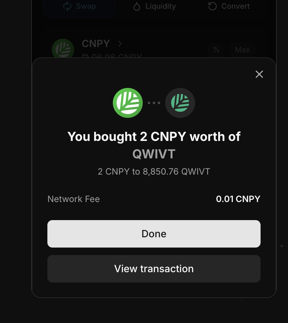 Shrmurda's tweet photo. I just claimed my @CNPYNetwork testnet token 

I tried using the DApp, and it worked really smoothly. 

I loved how easy and fast it was to swap tokens and add liquidity all in a few mins.

Big kudos to the team on this one https://t.co/PeGKONAXeF