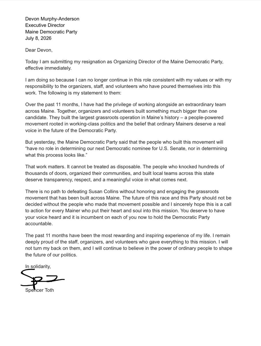 nathanTbernard's tweet photo. The Platner campaign’s organizing director has resigned from the Maine Democratic Party over their lack of engagement with grassroots organizers and volunteers in determining the nominee replacement process. https://t.co/CMs0A8tVuB