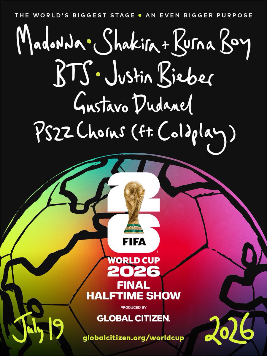 DrownedMadonna's tweet photo. FIFA has just expanded the lineup for the first-ever FIFA World Cup Final Halftime Show, announced only minutes ago: Justin Bieber, Burna Boy, Gustavo Dudamel and the PS22 Chorus featuring Coldplay are joining the previously announced co-headliners Madonna, Shakira and BTS.

The historic show — curated by Chris Martin of Coldplay — will take place on Sunday, 19 July 2026 at the New York New Jersey Stadium, during the final of the FIFA World Cup 2026, and will be broadcast live around the world in support of the FIFA Global Citizen Education Fund, which aims to expand access to quality education and football opportunities for children worldwide.

With less than two weeks to go, anticipation is building for what Madonna will bring to the biggest stage on the planet.