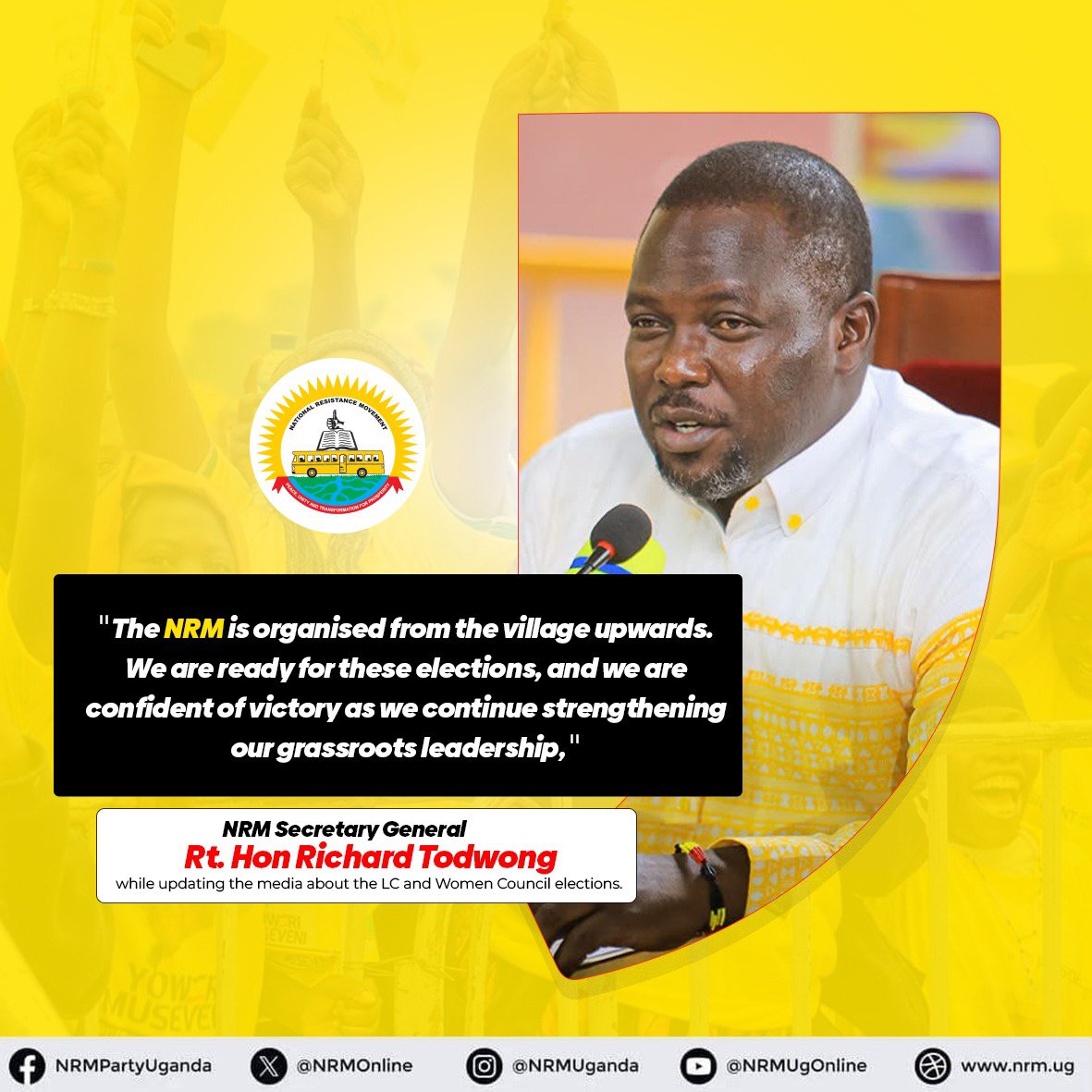 atukwatse_amos's tweet photo. Colleagues! LC1, LC2 and Women council elections from village level to national level are here! The RT.HON.secretary General @TodwongR has something to say! 

@NRMOnline @NrmYouthleague @KagutaMuseveni https://t.co/9cCoo9UlxJ