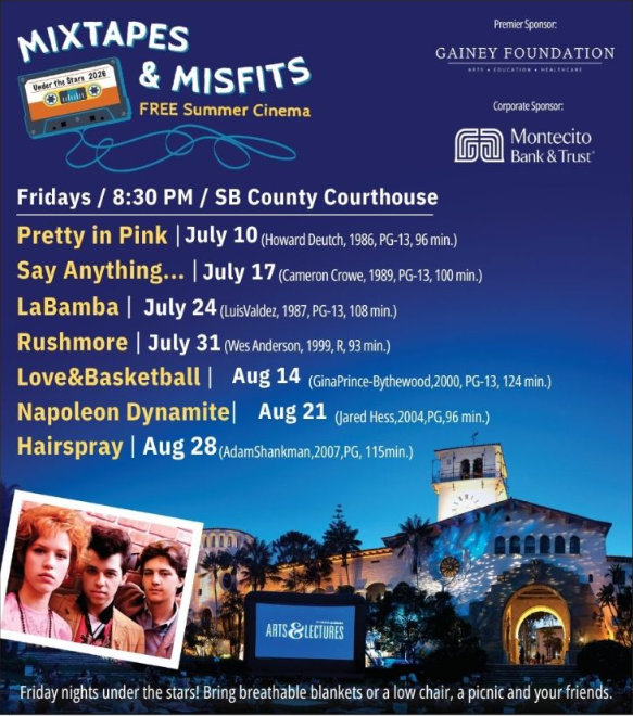 countyofsb's tweet photo. Get ready for Mixtapes &amp; Misfits, this year’s FREE Summer Cinema series at the Santa Barbara County Courthouse Sunken Gardens. 🎬✨The season kicks off July 10 at 8:30 PM with the classic Pretty in Pink. Bring breathable blankets or a low chair. 🌙🎞️ https://t.co/qKRkD9CTyB