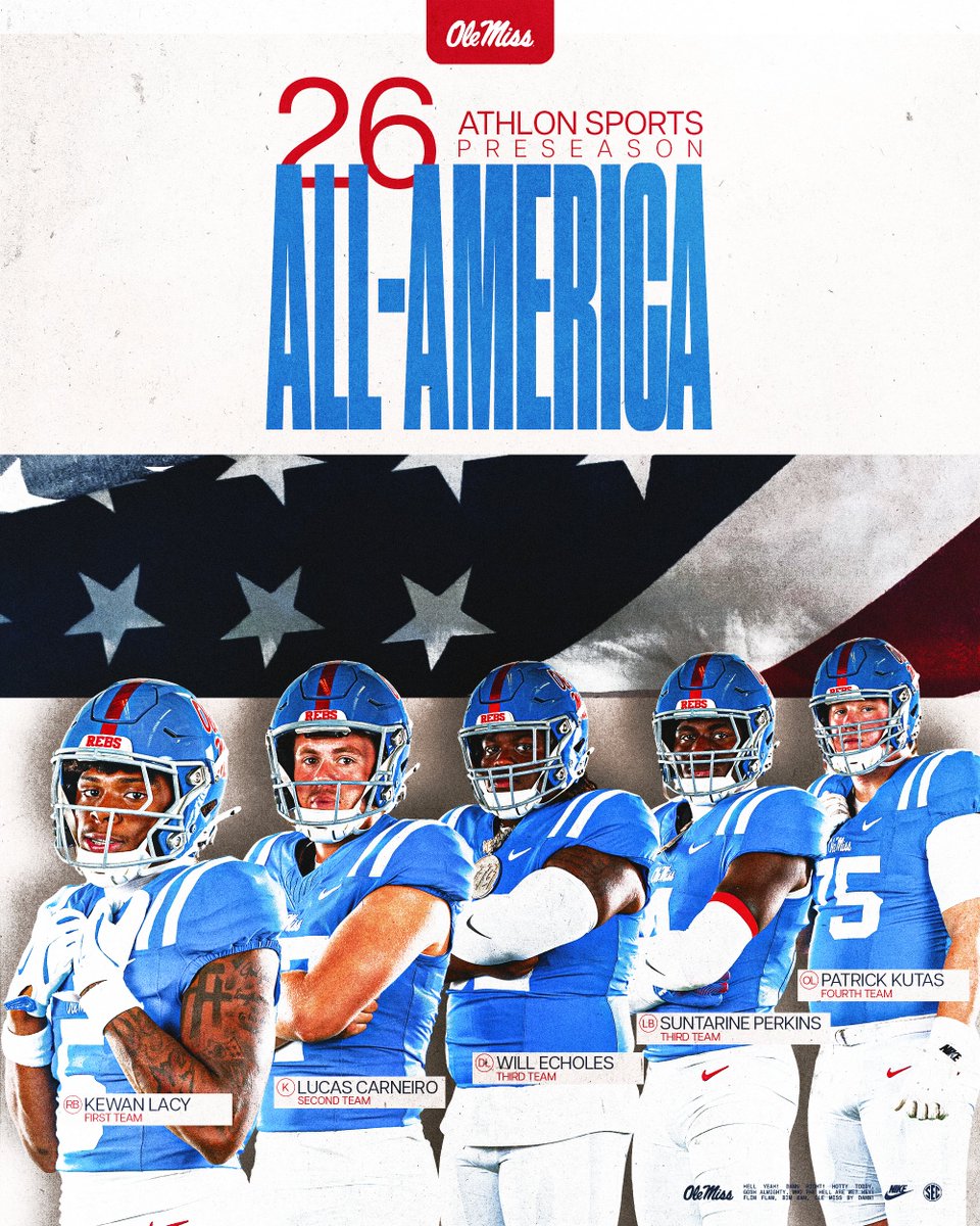 OleMissFB's tweet photo. Preseason All-America and All-SEC Team Honors @AthlonSports 🔥

#HottyToddy https://t.co/itoy7vpcSk