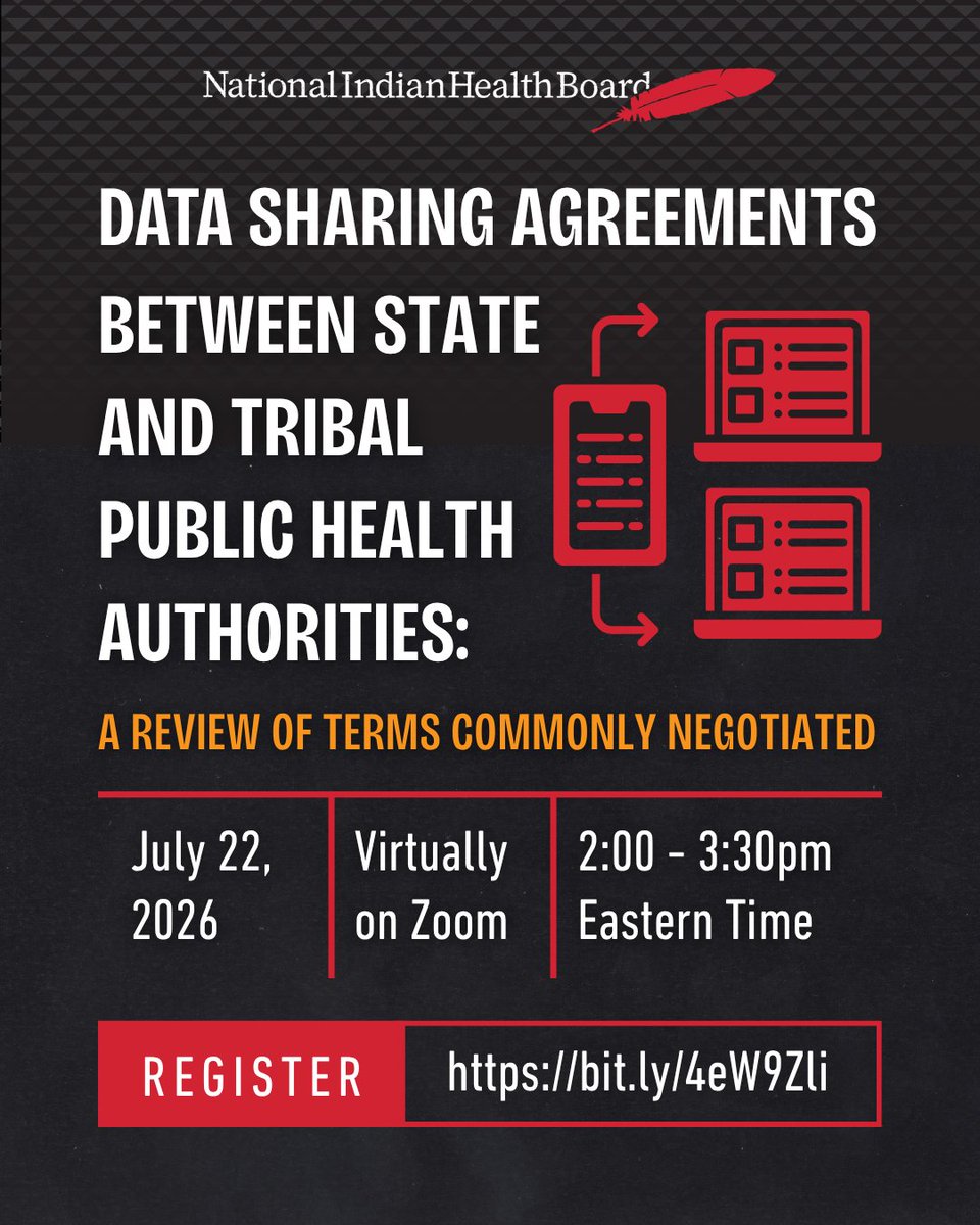 NIHB1's tweet photo. Join us later this month for a webinar exploring common provisions in data sharing agreements between Tribes, Tribal Epidemiology Centers, and state health departments! Learn more and register at https://t.co/wMhX8kZgfU. https://t.co/Vx0ZUoktuN
