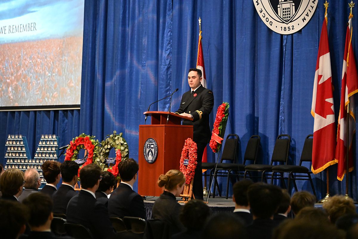SMCS1852's tweet photo. On Nov. 11, our community gathered to honour Remembrance Day and commemorate the 80th anniversary of the end of WWII, as well as the 93 St. Michael's men who gave their lives. Learn more:
https://t.co/oYbaax3sRT 
#smcsyearinreview #teachmeGDK https://t.co/LNKcMGH0ah