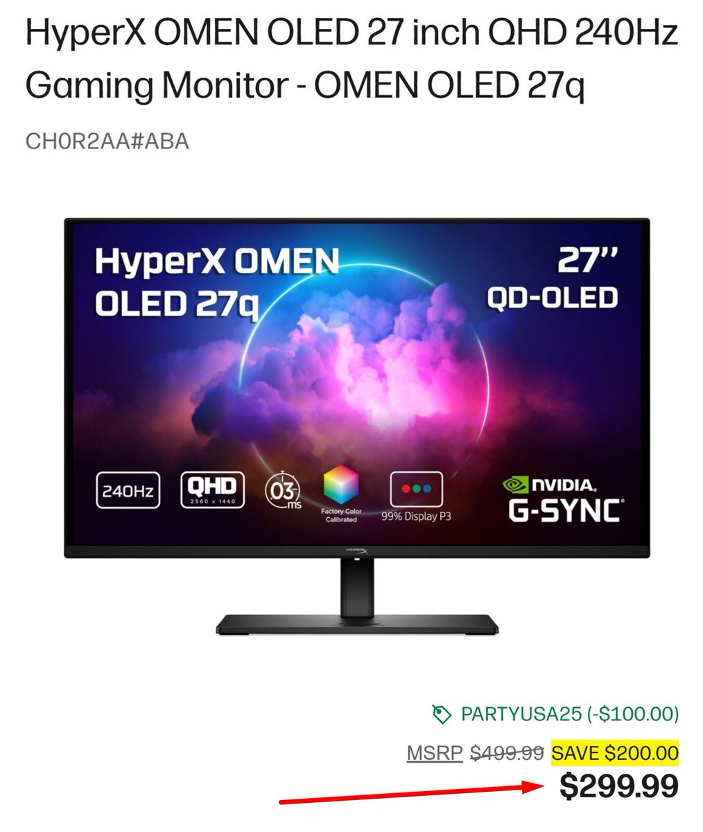 Pricerrors's tweet photo. 27" QD-OLED HP GAMING MONITOR FOR $299

This 240hz drops from $499 when you apply code "PartyUSA25" in cart 

Same 1440p version is $400 at BestBuy currently

May not last long at all 

https://t.co/4jphvbYyTd #ad https://t.co/LRrJMhFW8H