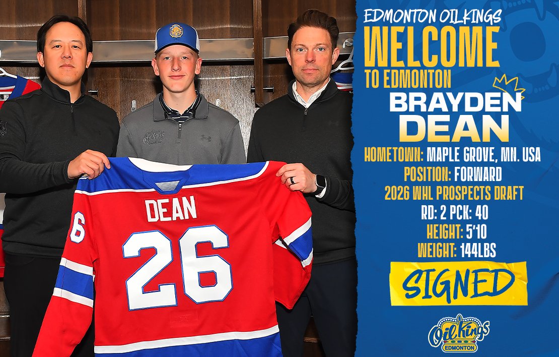 EdmOilKings's tweet photo. SIGNED, SEALED, DELIVERED! ✍️

The Oil Kings have signed 2011-born F and 40th overall pick Brayden Dean to a WHL Scholarship and Development Agreement! Welcome to the Oil Kings, Brayden! 👑

🔗READ HERE: https://t.co/2dHNKp8dNC https://t.co/h9eAeCjA7W