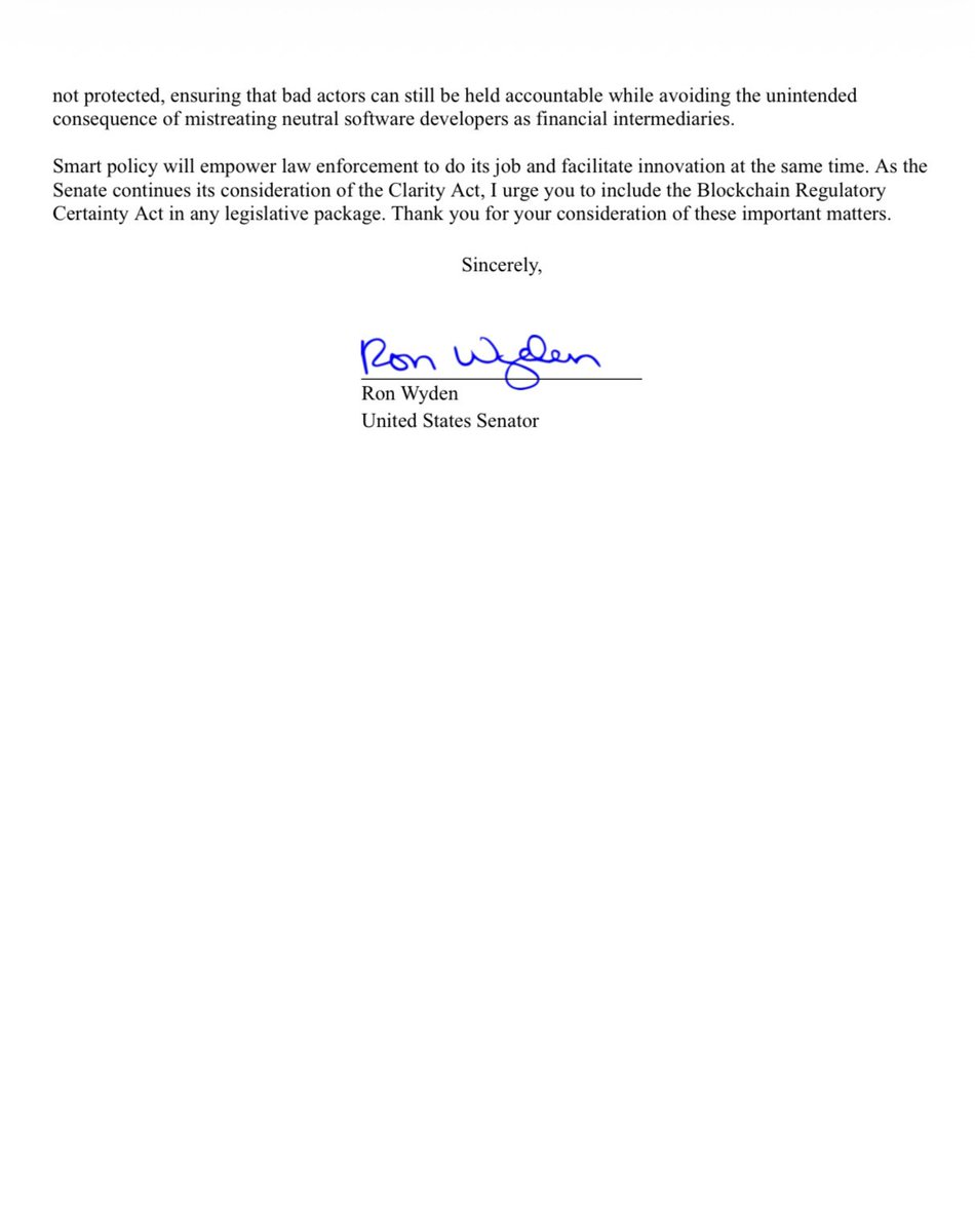 EleanorTerrett's tweet photo. 🚨NEW: Senator @RonWyden (D-OR) is asking Senate leaders to preserve the Blockchain Regulatory Certainty Act, as passed by the Senate Banking Committee, in any version of the Clarity Act brought to the floor.

It comes amid uncertainty over whether certain key law enforcement groups will accept the BRCA language and whether changes will be needed to win their support, as well as the votes of other Democratic senators like Senators @CortezMasto and @MarkWarner.

In a letter to Thune and Schumer, Wyden says the provision would codify existing federal policy by clarifying that non-custodial software developers should not be treated as money transmitters solely for publishing software, while preserving the DOJ’s and FinCEN’s ability to pursue illicit actors.

Wyden was the Democratic co-sponsor of the standalone BRCA legislation in the Senate alongside @SenLummis.