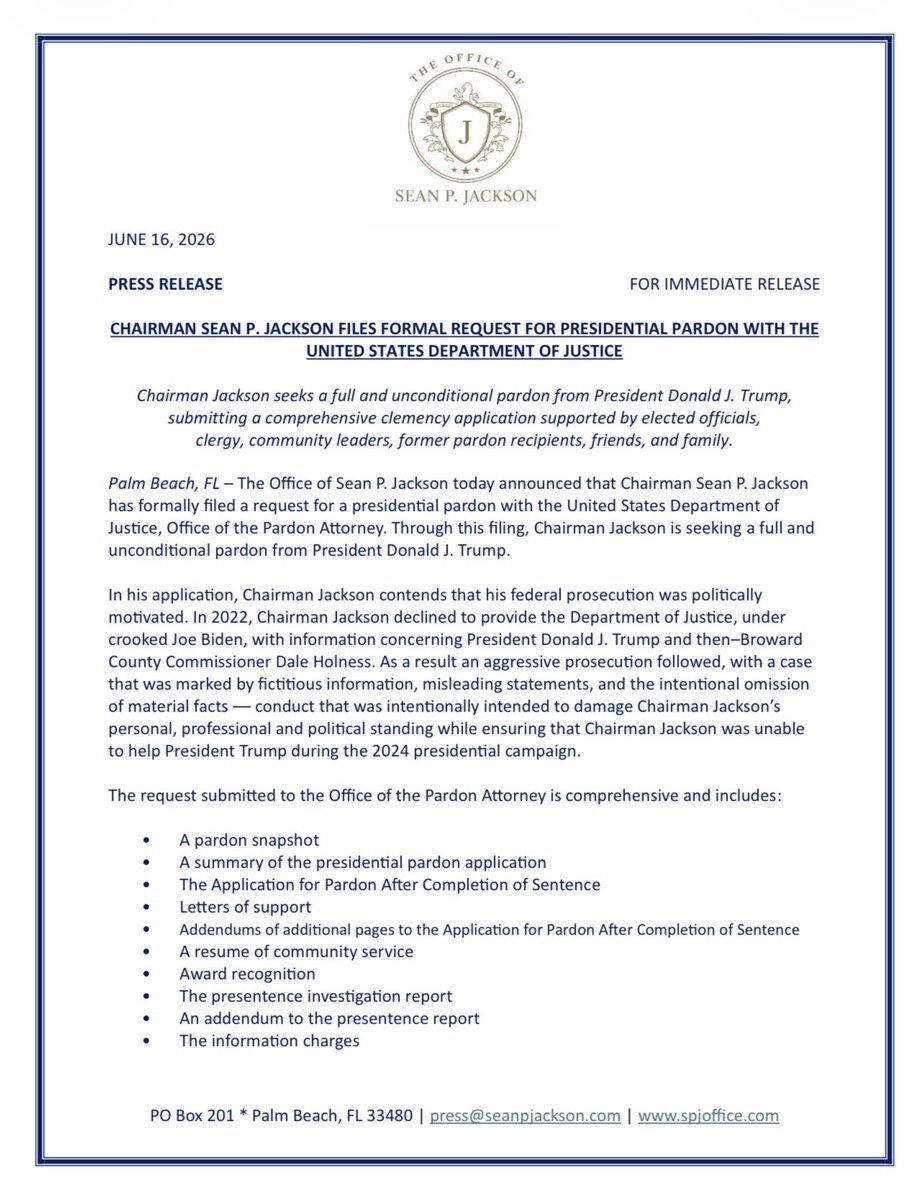 BRCFLA's tweet photo. Our #Chairman @SeanPJackson1 has officially requested a pardon from @POTUS @realDonaldTrump. To learn more visit The Office of Sean P. Jackson (https://t.co/eA8x1Xtruy) https://t.co/y6E3kWlj3j