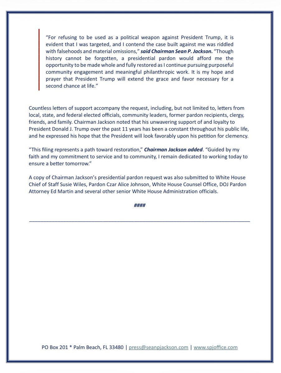 BRCFLA's tweet photo. Our #Chairman @SeanPJackson1 has officially requested a pardon from @POTUS @realDonaldTrump. To learn more visit The Office of Sean P. Jackson (https://t.co/eA8x1Xtruy) https://t.co/y6E3kWlj3j