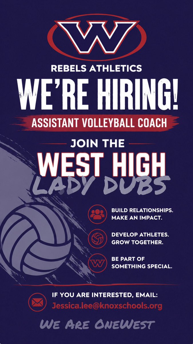 Westrebelsports's tweet photo. The West High Girls Volleyball team is looking for a new assistant coach. Please email Coach Lee if interested. #OneWest https://t.co/cYsR4CLjZP