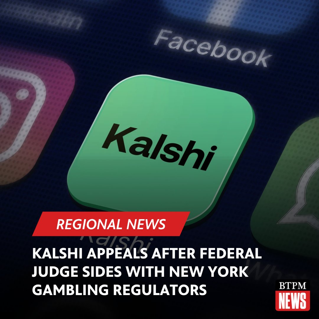 BTPMNews's tweet photo. The online prediction marketplace Kalshi is fighting back against the New York State Gaming Commission’s attempts to regulate it like a gambling site.

A federal judge on Tuesday denied Kalshi’s request for a preliminary injunction that would have shielded it from state oversight.

“New York’s gambling laws are designed to protect consumers. Kalshi tried to ignore them,” New York Attorney General Letitia James and Gov. Kathy Hochul said in a joint statement Wednesday. “We will continue to hold all gambling platforms accountable to the law — and that includes prediction markets.”

Kalshi has appealed the judge’s denial. For the moment, Kalshi can continue operating in New York as the case proceeds. A representative for Kalshi did not respond to a request for comment.

Read more at the link below.