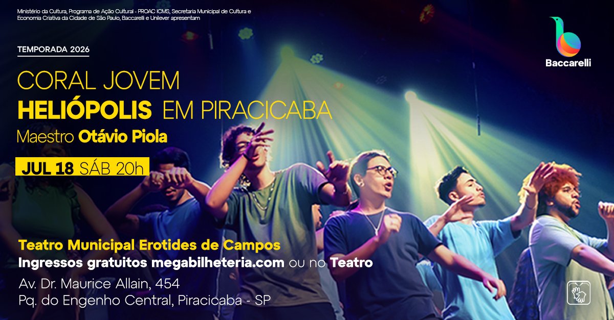 instbaccarelli's tweet photo. Uma voz que nasce em Heliópolis ganha Piracicaba. ✨

No dia 18/7, às 20h, o Coral Jovem Heliópolis leva Djavan, Liniker e outros nomes da MPB ao Teatro Erotides de Campos.

Concerto gratuito, com patrocínio especial da Klabin.

Retire seu ingresso em https://t.co/4H59wdf813 https://t.co/mXAoweYltl