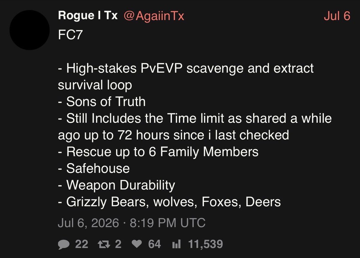 MainMenuGaming's tweet photo. Far Cry 7 rumor making the rounds:

According to dataminer RogueTx, the next game could feature high-stakes PvEvP scavenging/extract survival, ‘Sons of Truth’, family rescue mechanics, safehouses, weapon durability, and wildlife like grizzlies, wolves, foxes & deer.

Take this with a grain of salt — it’s still just a rumor.

What do you think of these ideas for the next Far Cry? #FarCry7 #FarCry