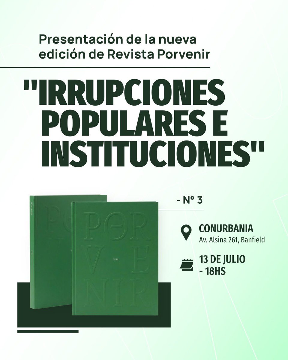danyvilar's tweet photo. En tiempos donde abundan los discursos de odio, volver a debatir ideas es más importante que nunca.

Se viene la tercera edición de la Revista Porvenir -inspirada en John William Cooke- que propone abrir esa conversación con el eje puesto en las “Irrupciones populares e instituciones”.

Los esperamos a todos el 13/7. Porque si queremos transformar, hay que profundizar el pensamiento, la discusión y la organización.
