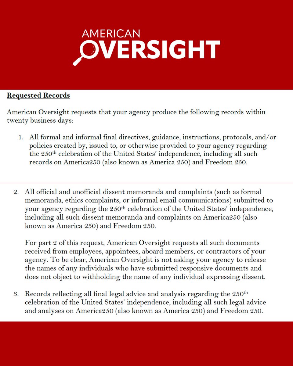 weareoversight's tweet photo. Freedom 250 isn’t done with its 250th anniversary events — and many of them seem to be more about Trump than the country as a whole.

We sent FOIAs for communications, internal guidance, and donor information that could show how Freedom 250 is funded.
https://t.co/8rwnHhIpKQ https://t.co/ibJjqukNWg