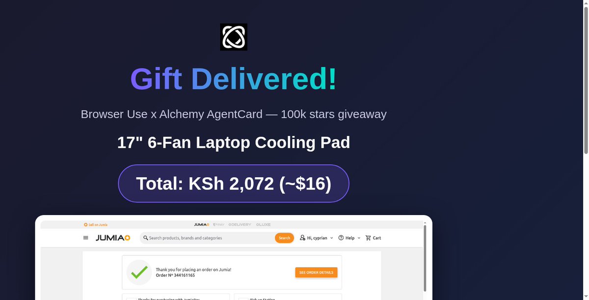 mutaician's tweet photo. @browser_use I take that back. Thanks @browser_use 

It was so cool to see the agent navigate Kenya's Jumia website and complete the transaction. 

If I can quote the agent. "Keep shipping Kalenjin models. That's the real win here." https://t.co/9v7928kbjN