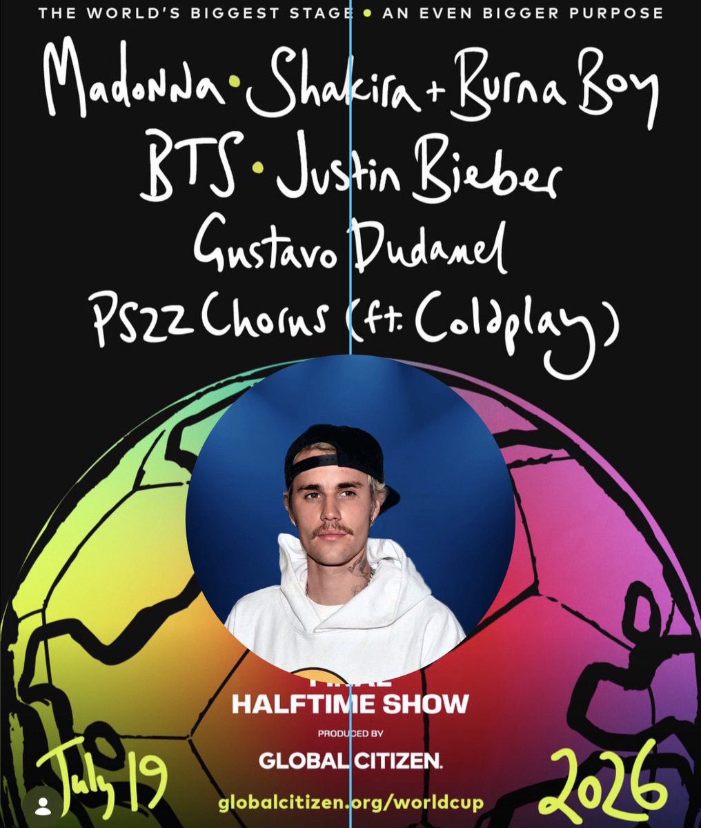 SomosDeportrece's tweet photo. 🚨JUSTIN BIEBER 🇨🇦 cantará en el espectáculo de medio tiempo de la final de la #CopaDelMundo el 19 de julio. 🏆📆⚽️
La #FIFA acaba de ampliar el cartel para el medio tiempo de la GRAN FINAL. 🙌🏻🎤🏟️
#JustinBieber #Mundial #Futbol #DP2026 https://t.co/gY4Mna8gQb