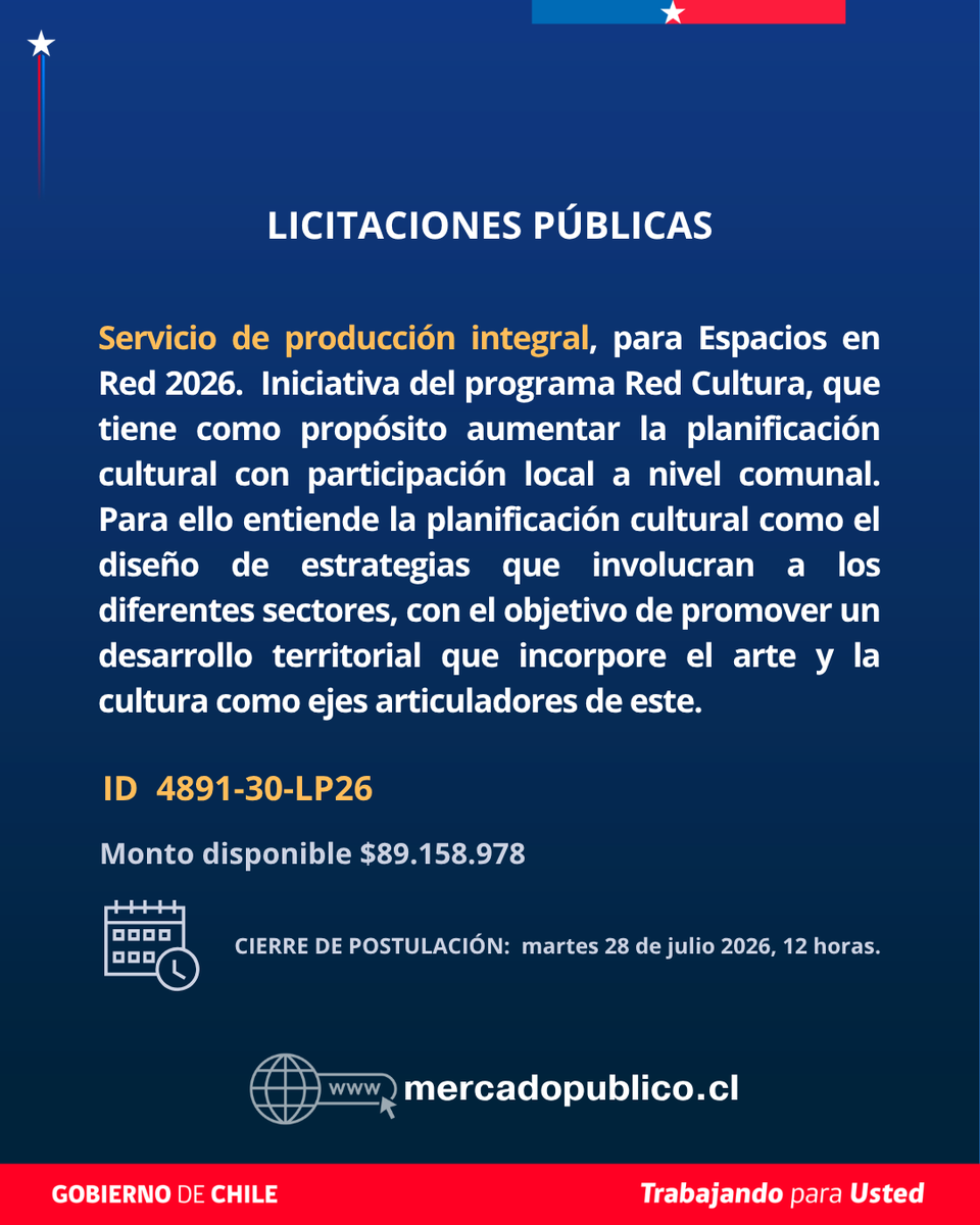Culturas_RM's tweet photo. 🚨LICITACIONES PÚBLICAS para Ciudadanía Cultural
📌 Servicio de Producción Integral para iniciativa Espacios en Red 2026

📌 Toda la información en https://t.co/T24CumLMrY https://t.co/Ai3myQeh6v