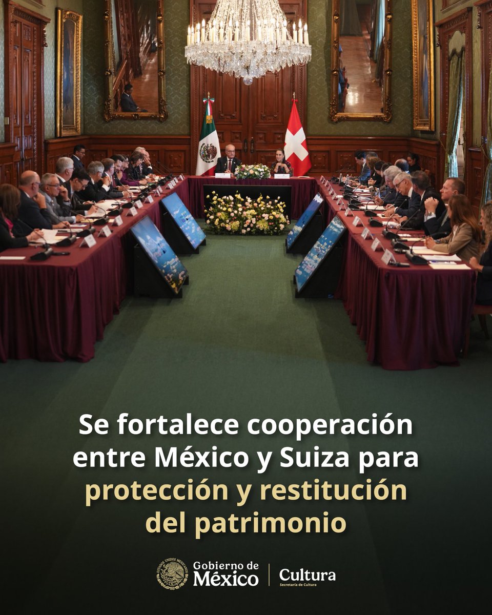 ccurieldeicaza's tweet photo. Como parte de la comitiva mexicana, desde @cultura_mx acompañamos la reunión encabezada por la Presidenta @Claudiashein con el presidente de la Confederación Suiza, @ParmelinG .

Destacamos la cooperación entre México y Suiza para la restitución y protección de bienes culturales. Desde la entrada en vigor del acuerdo bilateral en la materia, 63 piezas arqueológicas mexicanas han retornado desde Suiza, incluidas 37 piezas prehispánicas entregadas recientemente a nuestra Embajada.

Para México, cada restitución reafirma una política pública que reconoce la dignidad, la memoria y la continuidad de los pueblos originarios.

También abordamos los acuerdos de colaboración en cine, educación artística, formación profesional e intercambios artísticos que abren nuevas posibilidades en la diplomacia cultural.