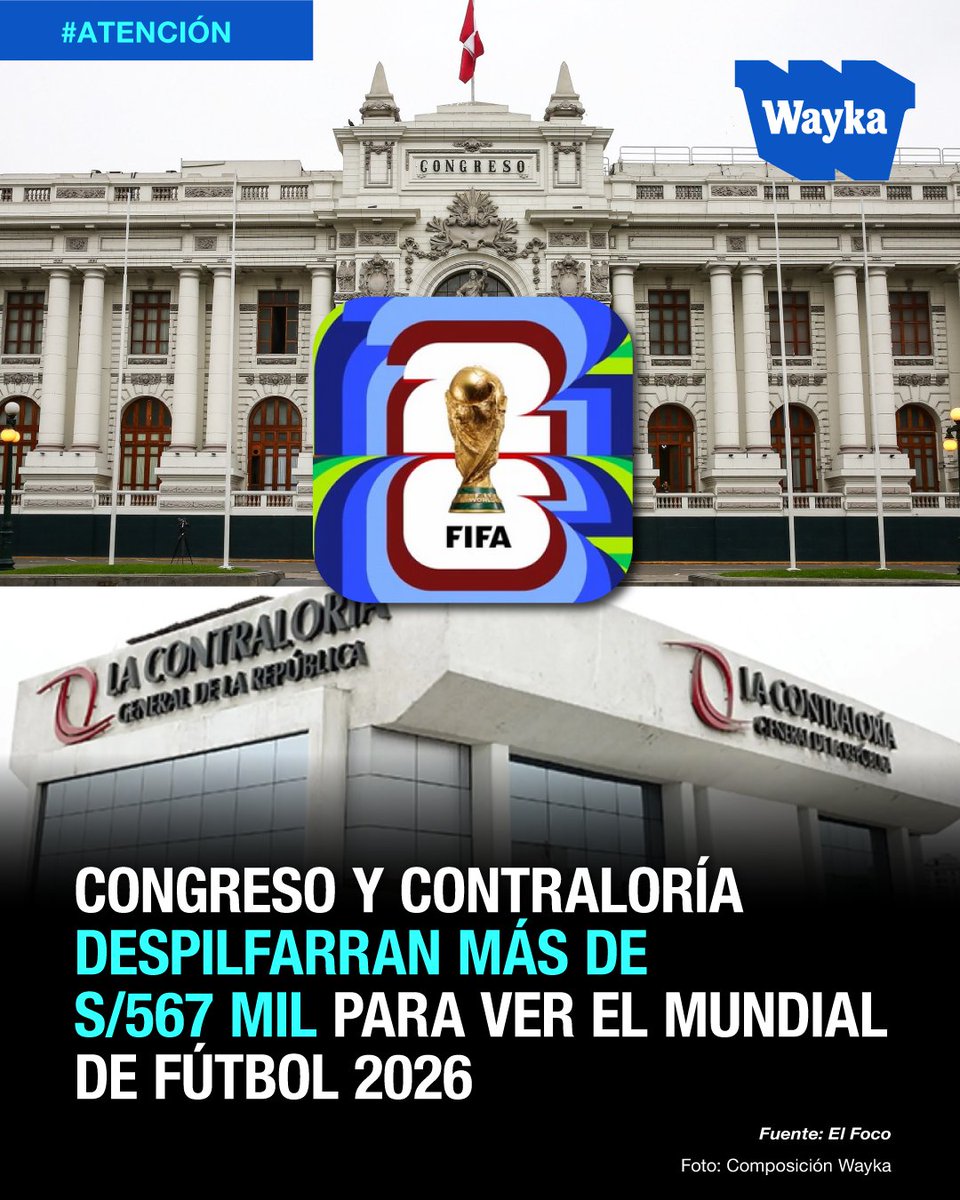 WaykaPeru's tweet photo. Para ser parte de la resistencia informativa, sigue el enlace en el primer comentario.

#Atención | 💵⚽El Congreso y la Contraloría gastaron un total de S/ 567 mil 324 para contratar los servicios de DirecTV y así tener acceso a los partidos de la Copa Mundial de Fútbol 2026 de la FIFA, según reveló El Foco.

La justificación del gasto por parte de ambas entidades fue que necesitaban el servicio para un "flujo permanente de información" y para "mantener informados a los trabajadores sobre la coyuntura". 

El Congreso pagó S/ 310 mil 392 a DirecTV para contar con el servicio por un periodo de dos años, y fue contratado el pasado 27 de abril, a un mes y medio de inicio del mundial.

Por su parte, la Contraloría desembolsó S/ 256 mil 932 por un periodo de tres años y cerró el trato el 28 de mayo, a solo 14 días de iniciar el evento deportivo.