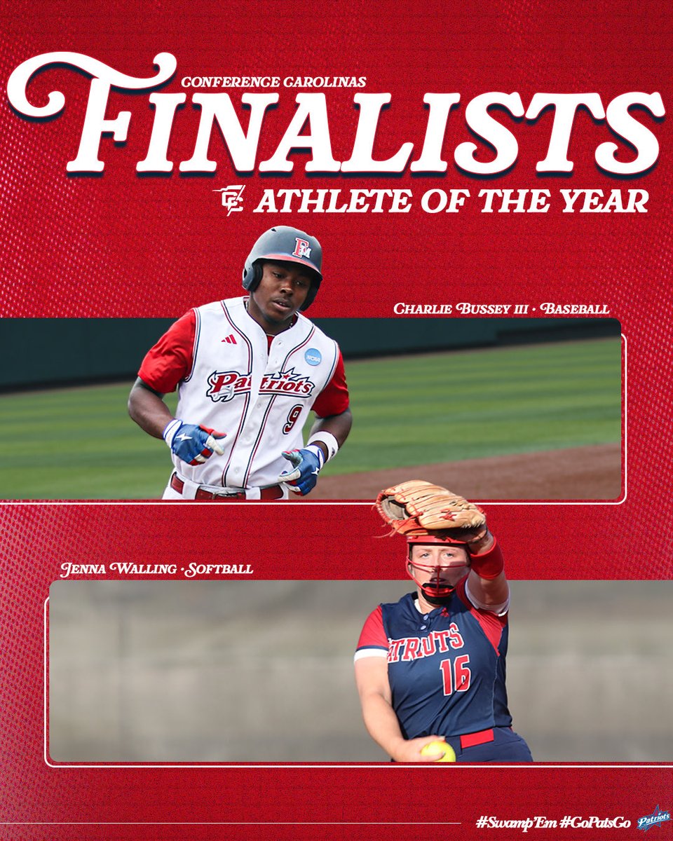 FMUSports's tweet photo. 𝗙𝗶𝗻𝗮𝗹𝗶𝘀𝘁𝘀 𝗳𝗼𝗿 𝗔𝘁𝗵𝗹𝗲𝘁𝗲 𝗼𝗳 𝘁𝗵𝗲 𝗬𝗲𝗮𝗿! 

Redshirt junior Charlie Bussey III and graduate student Jenna Walling represent FMU as finalists for Conference Carolinas Athlete of the Year!

#SwampEm #GoPatsGo @fmupatsbaseball @fmu_softball https://t.co/1Aqxvg5jJv