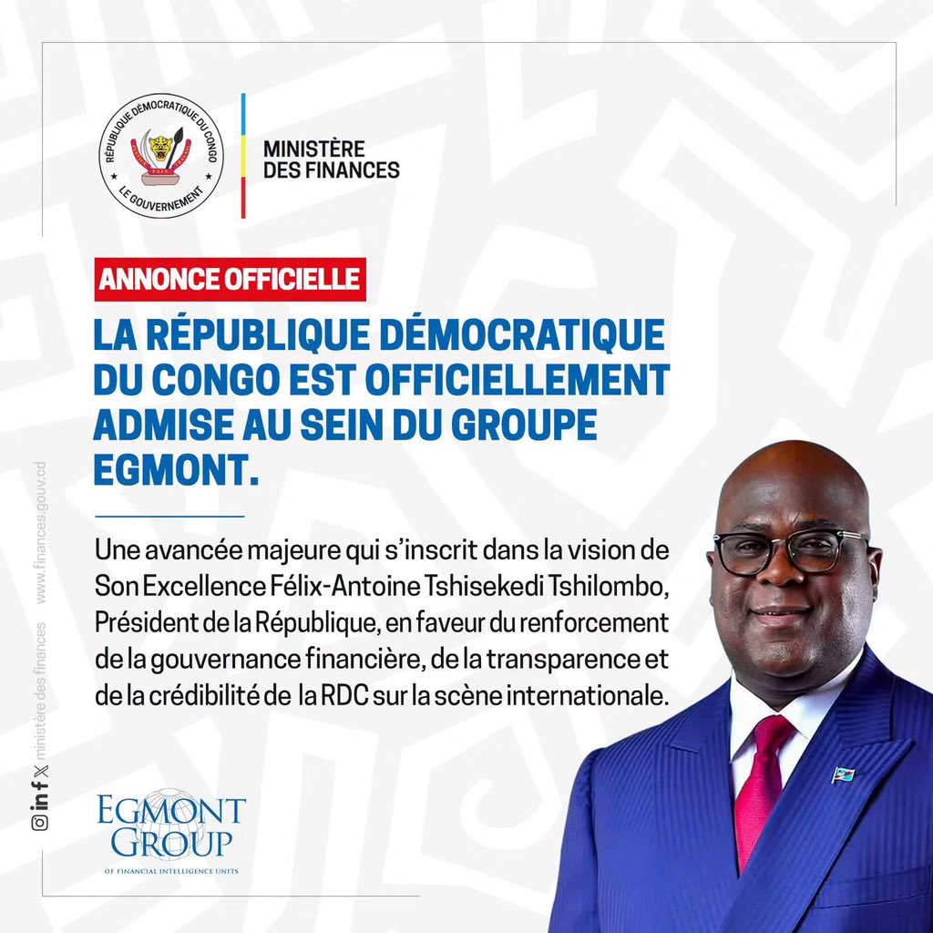 KankuSipamba's tweet photo. 📢 ANNONCE OFFICIELLE

🇨🇩 La République Démocratique du Congo franchit un cap historique avec son admission officielle au sein du Groupe Egmont.

🔎 Cette avancée majeure s’inscrit dans la vision de Son Excellence le Président de la République,Félix Antoine Tshisekedi, en faveur du renforcement de la gouvernance financière, de la transparence et de la crédibilité de notre pays sur la scène internationale.

💼 Sous l’impulsion du Ministre des Finances, Doudou Fwamba Likunde Li-Botayi, cette intégration témoigne des progrès significatifs réalisés dans la lutte contre le blanchiment des capitaux et le financement du terrorisme.

📈 Une reconnaissance internationale qui consolide la position de la RDC dans le système financier mondial et renforce la confiance des partenaires.

🇨🇩 La RDC avance, réformée, crédible et résolument tournée vers l’avenir.

#RDC #EgmontGroup #Finances #Réformes #Transparence #Gouvernance #Tshisekedi #DoudouFwamba #Investissement